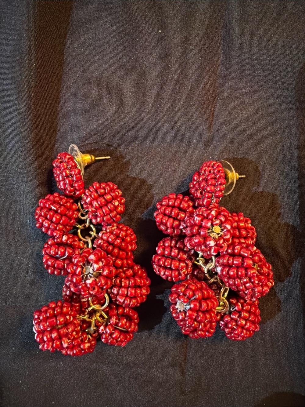 Aqua Red Beaded Cluster Drop Earrings